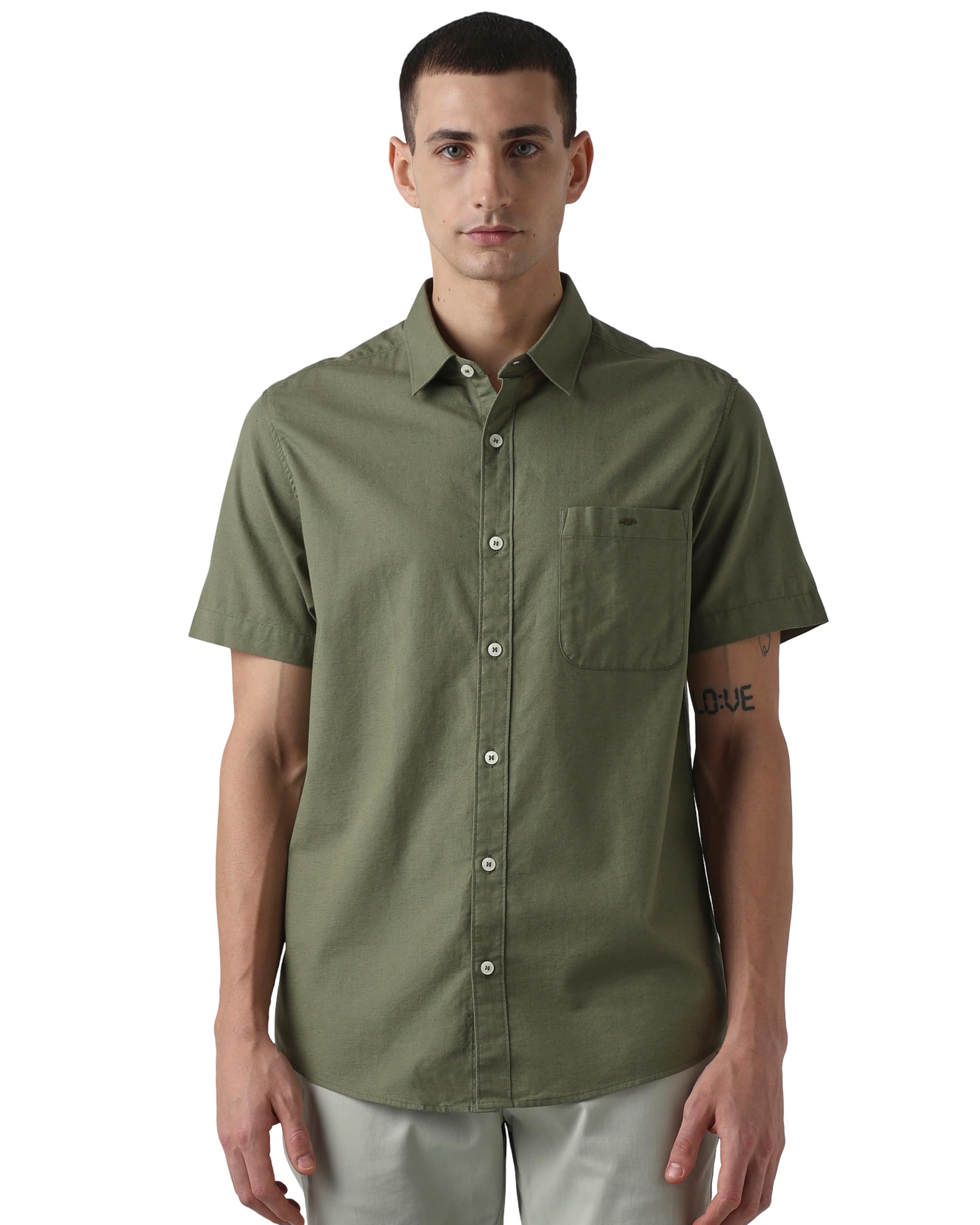 Men Casual Shirt | Slim Fit Half Sleeve Spread Collar Solid Design | Cotton Linen Blend & Breathable Fabric for Smart Casual & Business Casual Wear