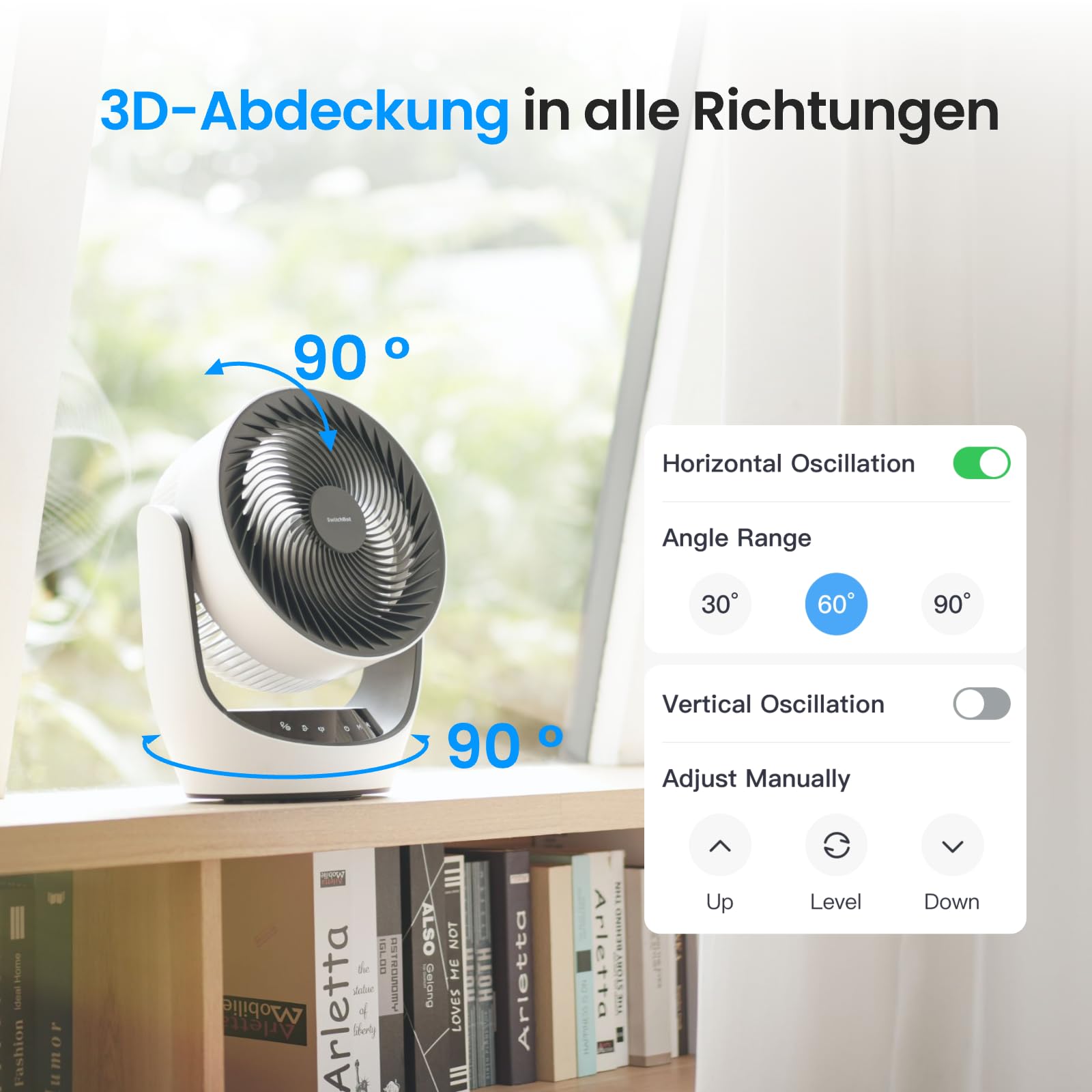 SwitchBot USB Tischventilator, leiser 24 dB Umluftventilator, Kompatibel mit Alexa/Google/Siri, 4 Modi, 9-Std-Timer