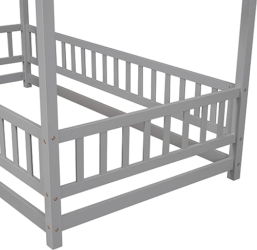 Miniatura 9 de Bellemave Cama Montessori de madera con valla y techo para niños, marco de cama individual para niños, niñas (individual, blanco)