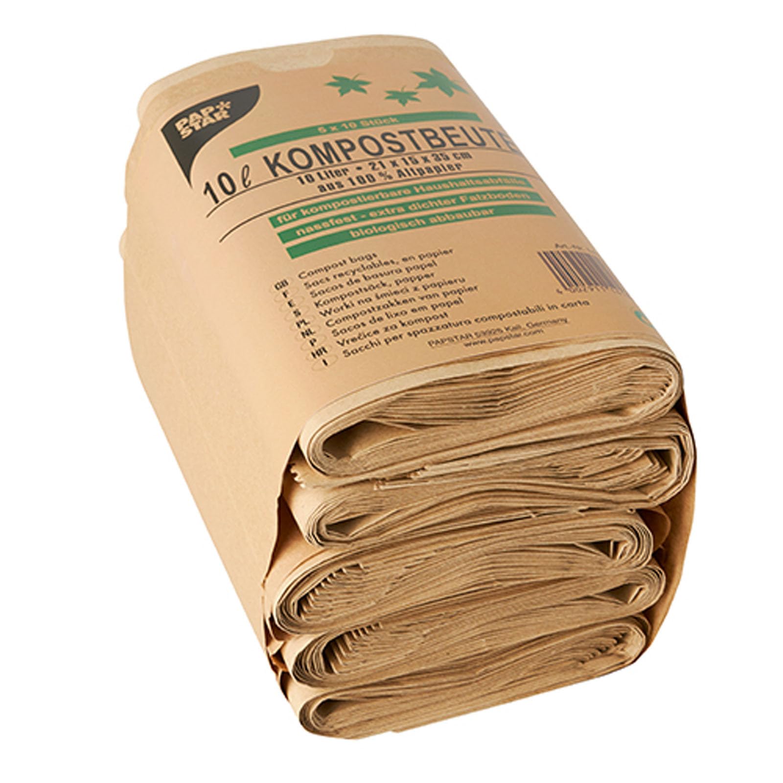 Papstar 1 carton = 4 x 50 sacs à compost en papier 10 L 35 cm x 21 cm x 15 cm Marron 14186