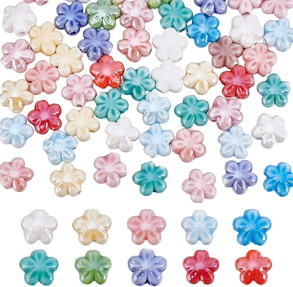 60Pcs Ceramic Flower Beads Bulk Random Handmade Cute Flower Bead Colorful Porcelain Flowers Beads Craft Floral Spacer Bead for Bracelet Necklace Jewelry Making Hole: 1.6mm