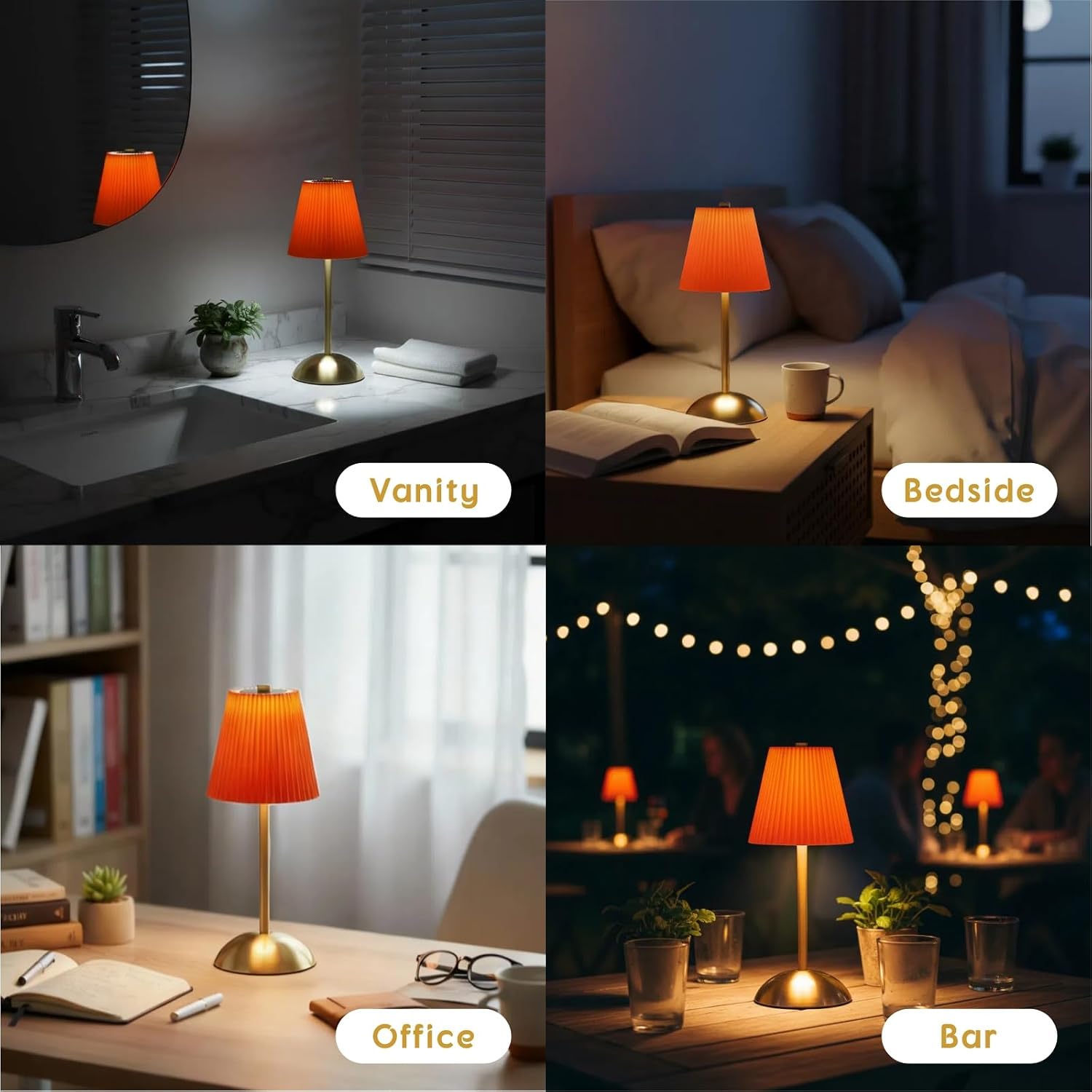 Set of 2 Orange LED Lamp, Small Cordless Lamps Rechargeable, 3 Color Temperatures & Stepless Dimming, Mini Wireless Lamp for Nightstand, Patio Table Lamp Outdoor Battery Operated (Tangerine)
