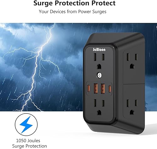 Miniatura 8 de Cargador de pared USB con protector de sobretensiones con 4 puertos USB (2 USB C), extensión de enchufe, extensión de enchufe, adaptador de enchufe