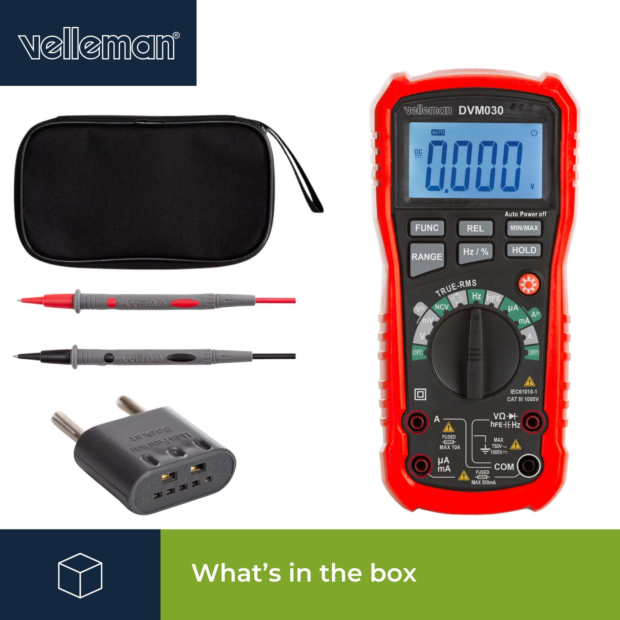 Velleman Multimetro digitale, memorizzazione dati, rilevamento tensione senza contatto, con funzione MIN/MAX/REL, adatto per misurare corrente AC/DC, tensione AC/DC, resistenza, frequenza, capacità,