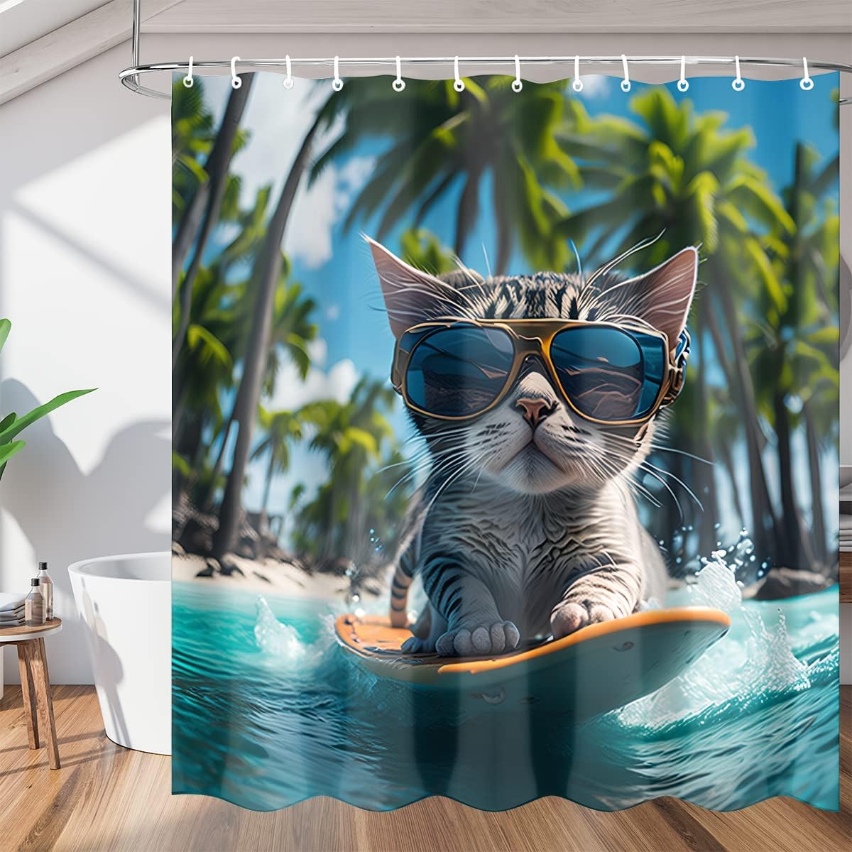 Funny Cat Shower Curtain for Bathroom, Summer Beach Sunglasses Surfing Kitten Waterproof Bath Curtain Polyester Fabric Machine Washable Bathtub Curtains Bathroom Home Decor 72 x 72 Inch with 12 Hooks