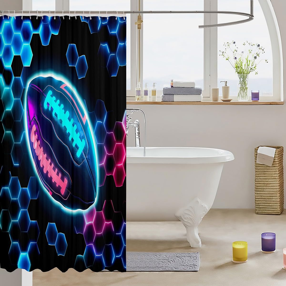 Erosebridal Rugby Sports Waterproof Bathroom Curtains, Football Shower Curtain Honeycomb Hexagon Bath Curtain Colorful Neon Lights Kid’S Shower Accessories 72" Wx84 L image 3