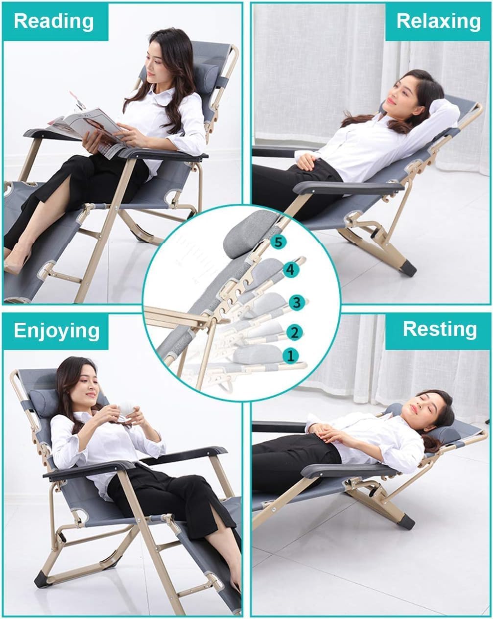 Zero Gravity Chair, Lounge Chair, Foldable Sun Loungers Deck Chairs Reclining Garden Chair Zero Gravity Chairs Relaxer Recliner Sunbed Adjustable for Patio Outdoor Camping Beach, Gray Design Max.260kg
