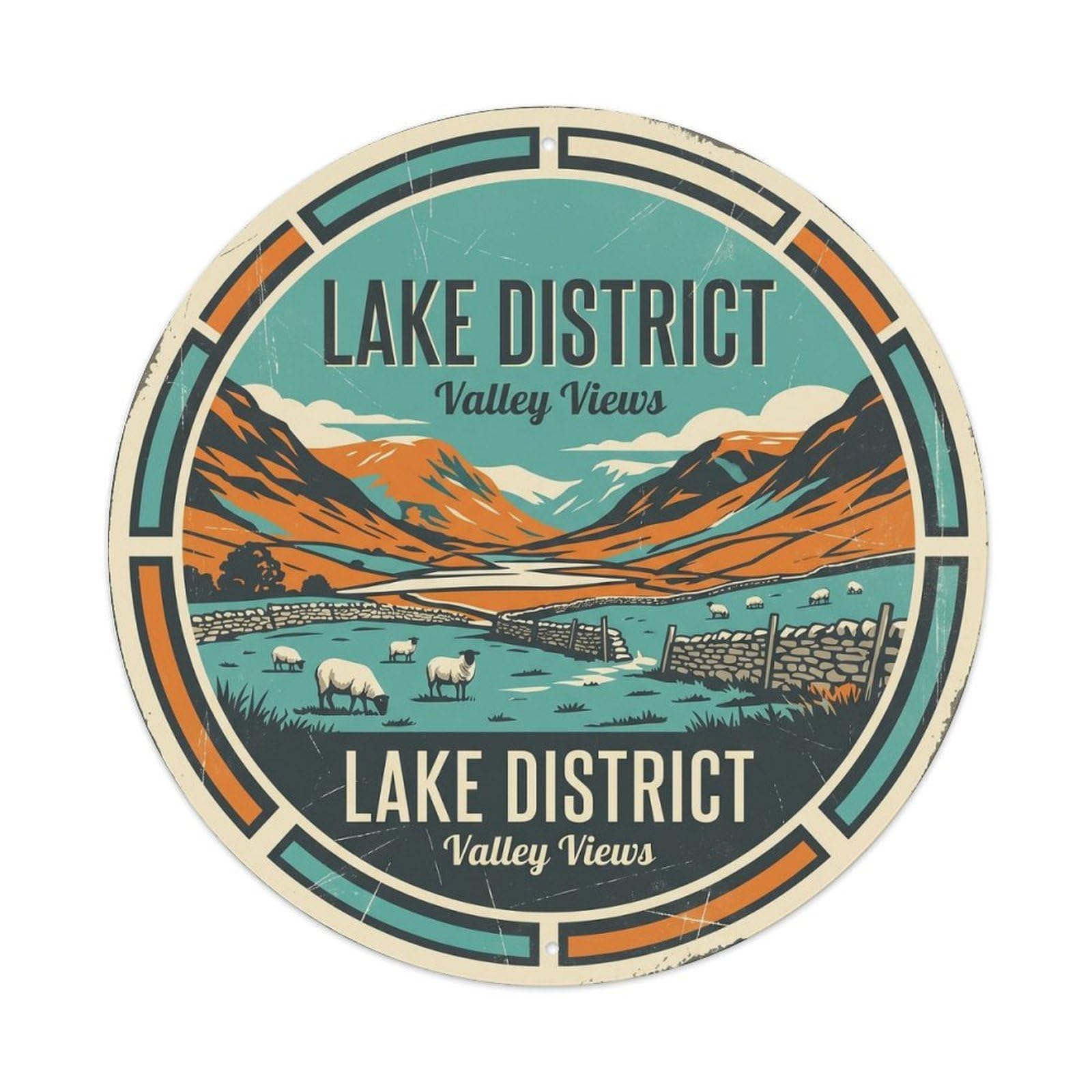 Vintage Travel Lake District Valley Metal Tin Sign Plaque Wall Decor for Cafe, Club, Garden Round Metal Poster 8x8Inch