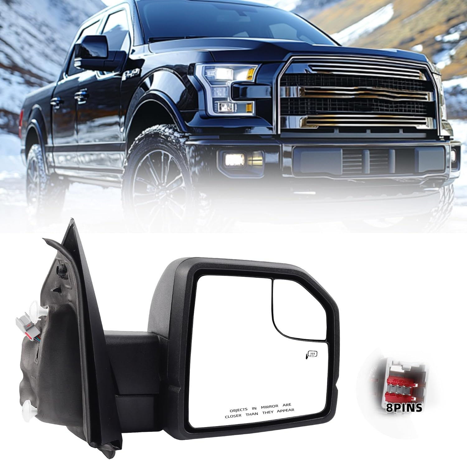Dasbecan 8 Pins Right Side Mirror Assemble Compatible with Ford F150 2015 2016 2017 2018 2019 2020 with Temperature Sensor Power Adjustable Heated Glass and Turn Signal FL3Z17683CB FO1321523 RH