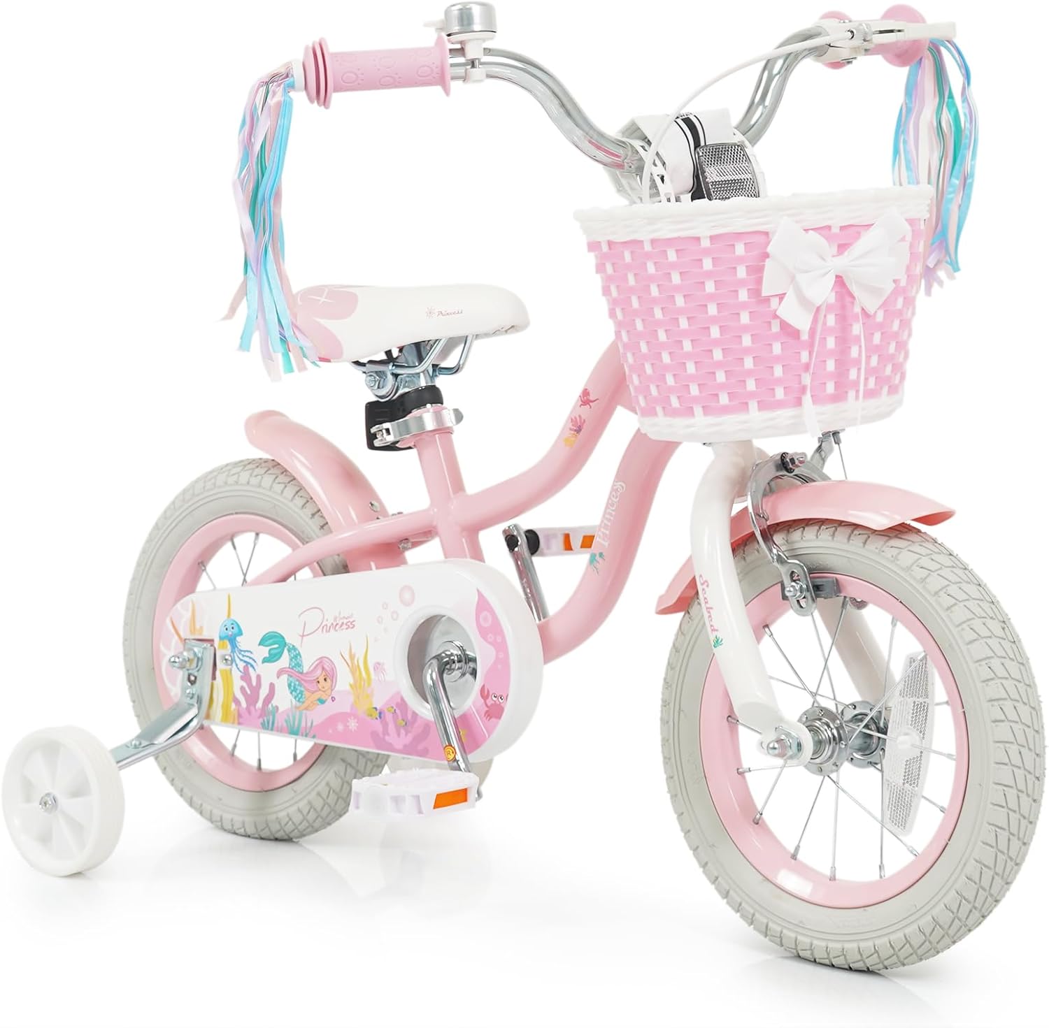 HONEY JOY Kids Bike, 12 14 16 18 Inch Girls Bike w/Training Wheels, Streamers, Basket, Handbrake & Coaster Brake, Fully Enclosed Chain, Mermaid Princess Children Bike for 3-8 Years Old