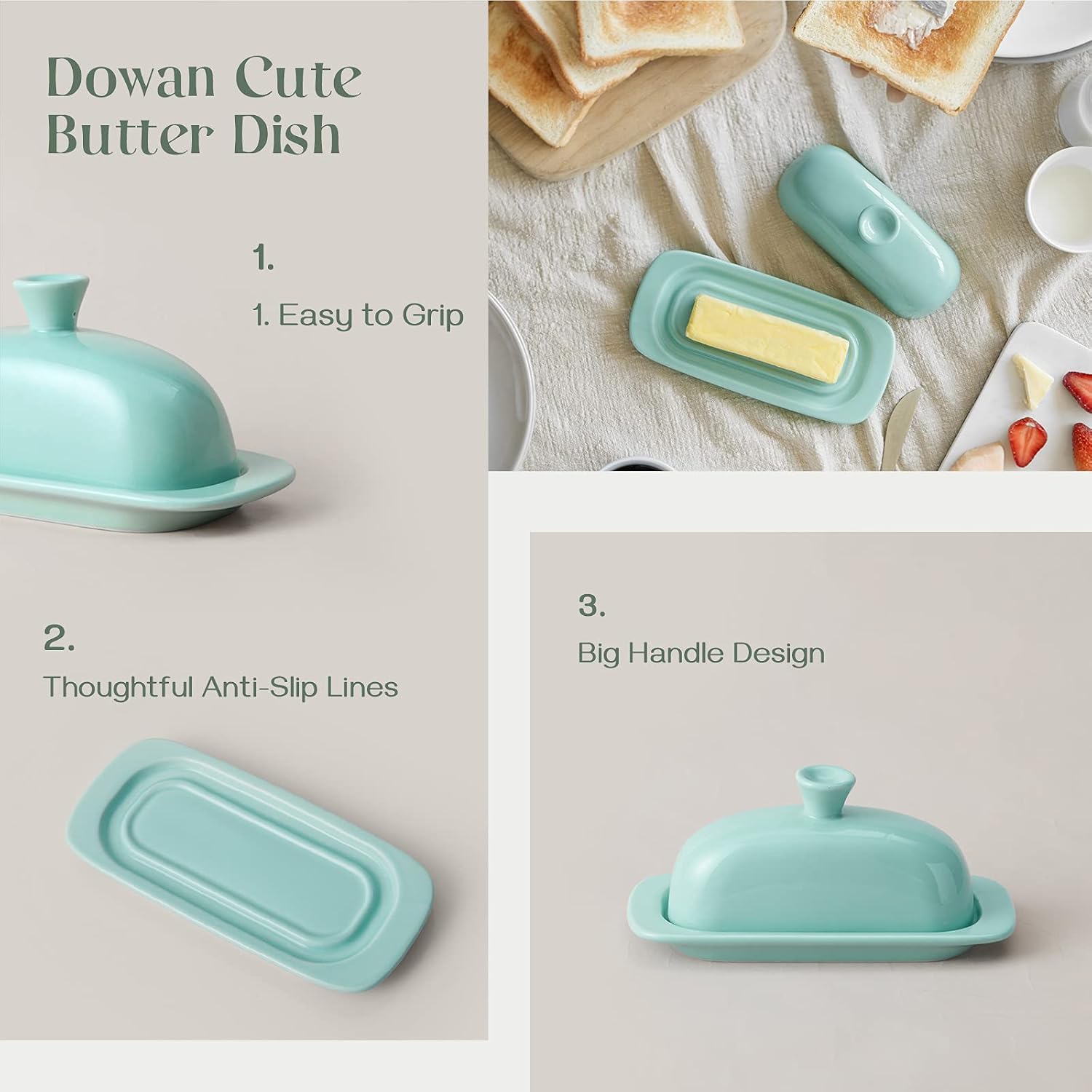 DOWAN Ceramic Butter Dish with Lid for Countertop, Butter Container with Knob Handle & No Slip Cover, Farmhouse Butter Dish for East/West Coast Butter, Dishwasher Safe, Light Blue