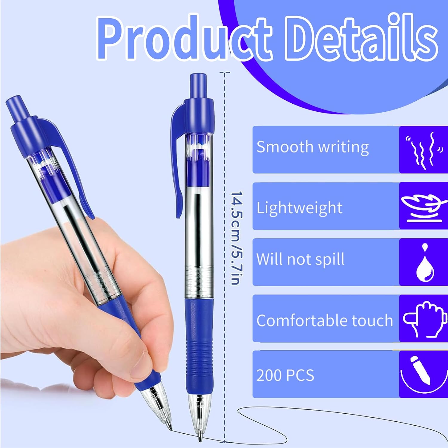 200 Pack Ballpoint Pens Bulk, Blue Gel Ink Pens, 1.0 mm Medium Point Pen, Retractable Smooth Writing Pen with Comfortable Grip for Journal Writing Home Office Supplies (Blue Ink) - Image 2