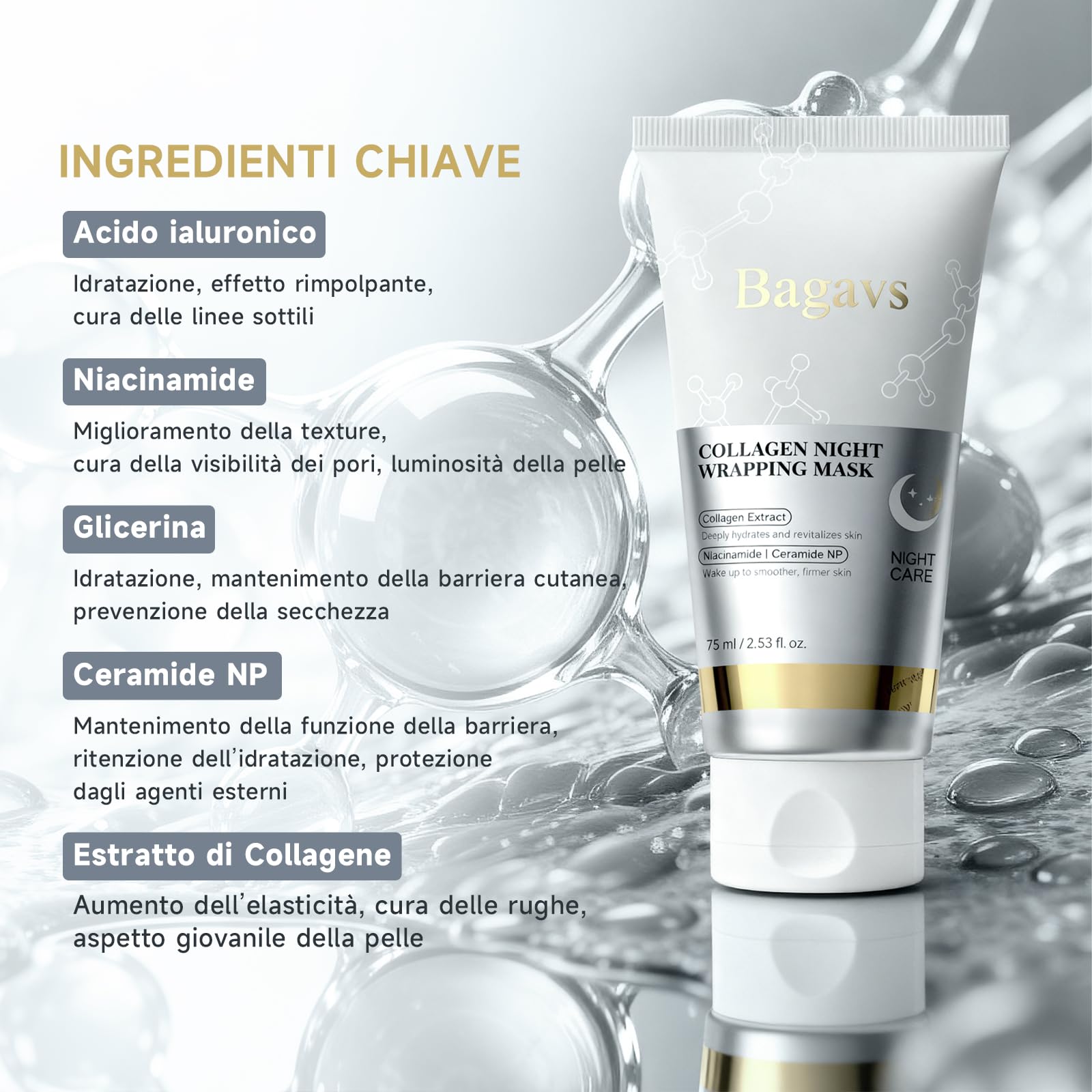 Collagen Night Peel-Off Face Mask 75 ml Moisturizing Anti-Wrinkle Improves Elasticity and Glowing Skin with Brush - 4