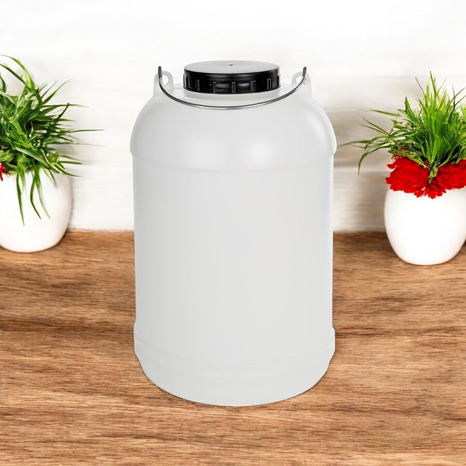 Pack 6 Bidones Redondos de Plástico con Asa de Hierro. Bidón para Aceitunas, Garrafa, Tanque de Agua con Tapa y Boca Ancha. Apto para todo tipo de Líquidos (10L (6 Uds)
