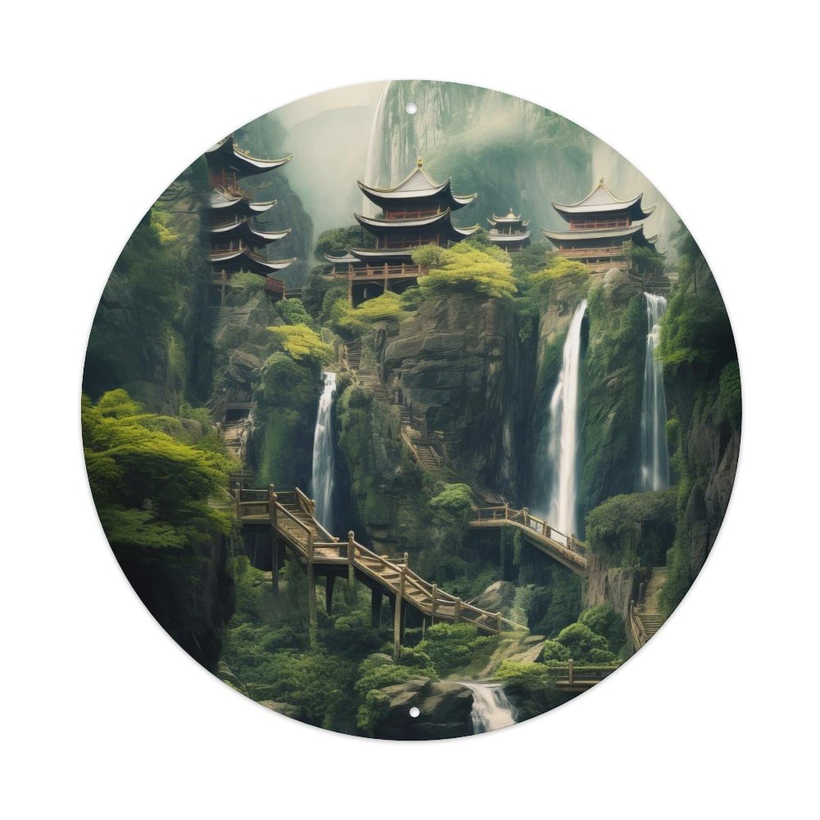 Waterfall Ancient Structures Amidst Mountain Mists Vintage Metal Tin Sign