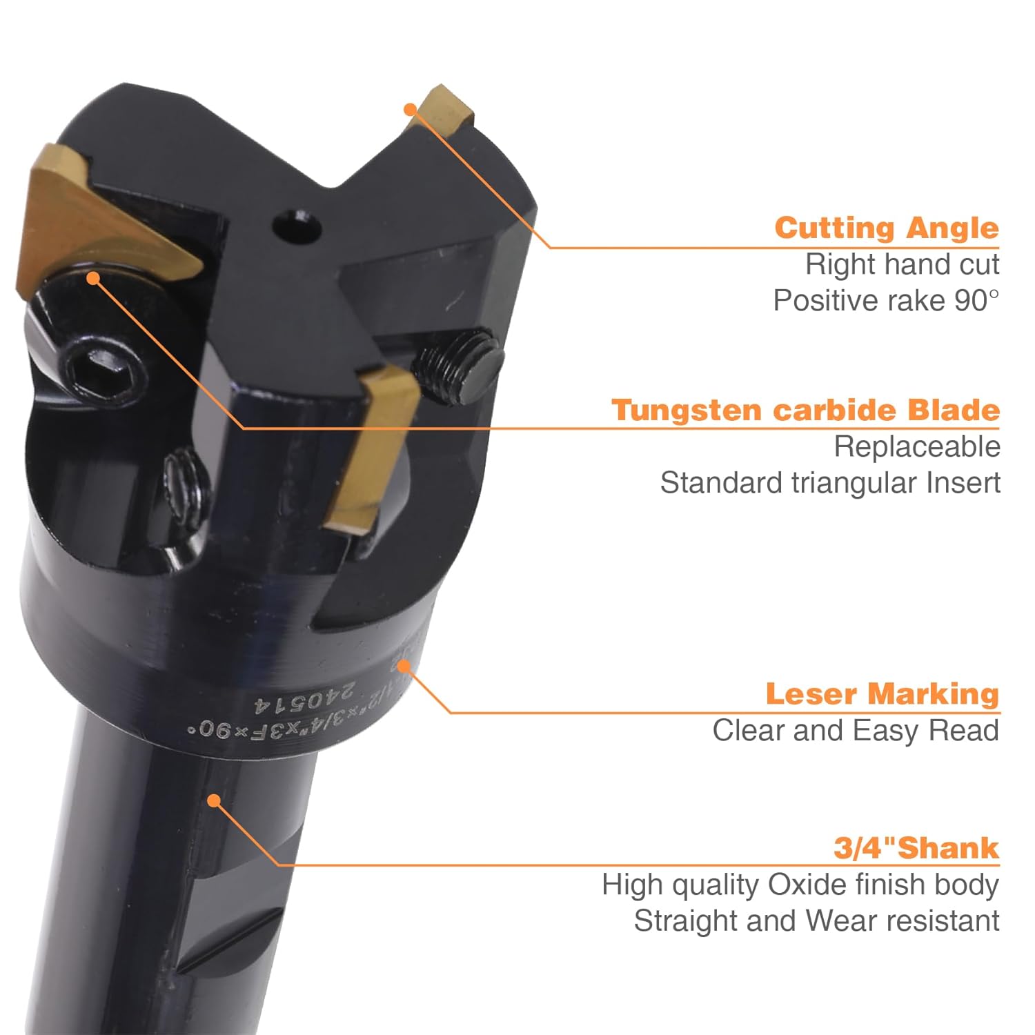 3/4" Shank Indexable End Mill, 1-1/2" Cutting Diameter with 3 Pcs Replaceable Carbide Inserts