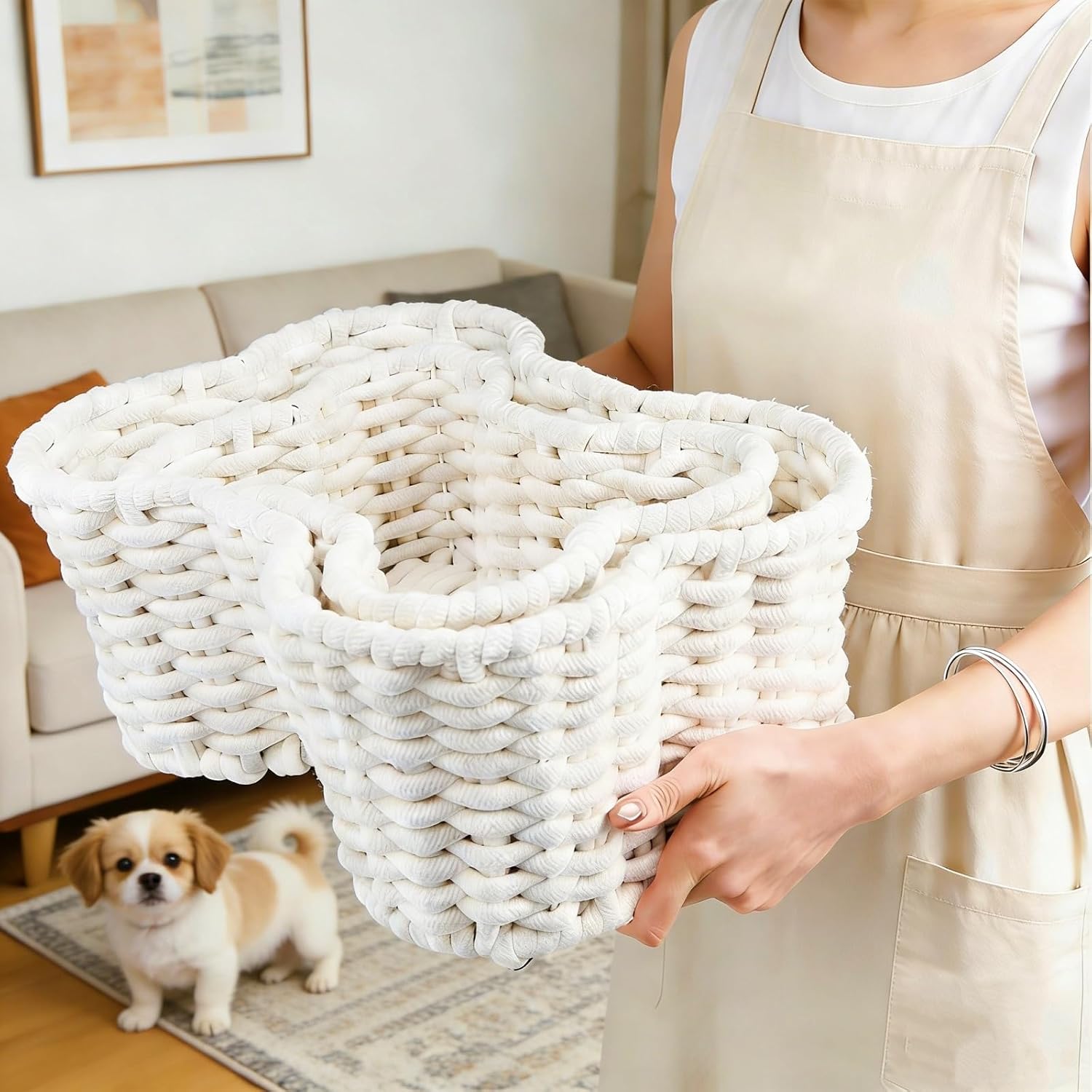 ZAVOOS 2 Pack Dog Toy Basket, Bone Shape Woven Pet Food Storage Baskets for Organizing, Handmade Cotton Rope Pet Supplies Organizer Bin for Chew Toys, Blankets, Treats, Leashes, 2 Sizes