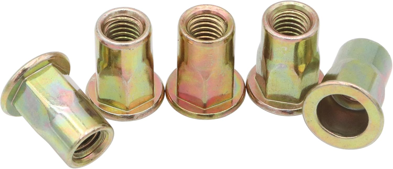 LBY 60pcs Carbon Steel Rivet Nuts, M6 Thread Insert Nutsert (Half-Hexagonal) Rivnut Assortment Kit, Carbon Steel Zinc-Plated (Yellow)