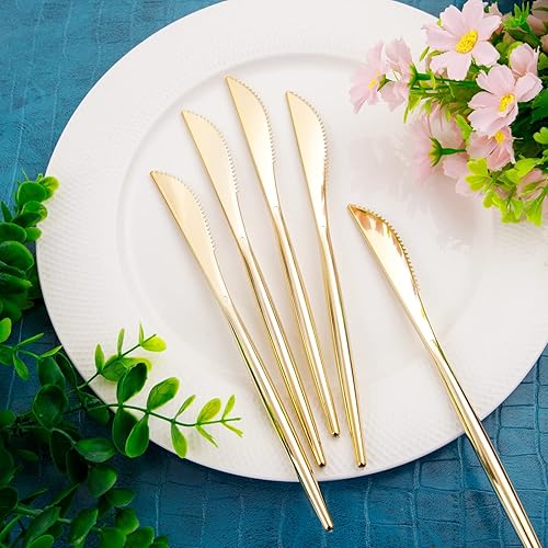 Miniatura 4 de U-QE 180 cuchillos de plástico dorados, cubiertos desechables de plástico resistente, cuchillos pesados, cubiertos dorados perfectos para fiestas,