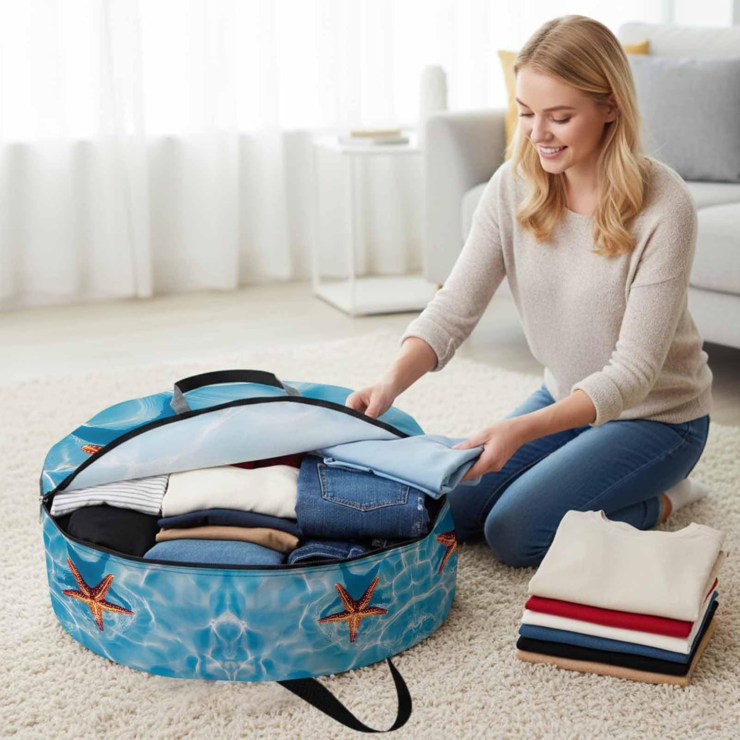 Ocean Starfish Round Storage Bag 36 Inch, Summer Water Modern Coastal Nautical Clothes Storage Container with Handles Heavy Duty Organizer for Comforter, Bedding & Holiday Wreaths