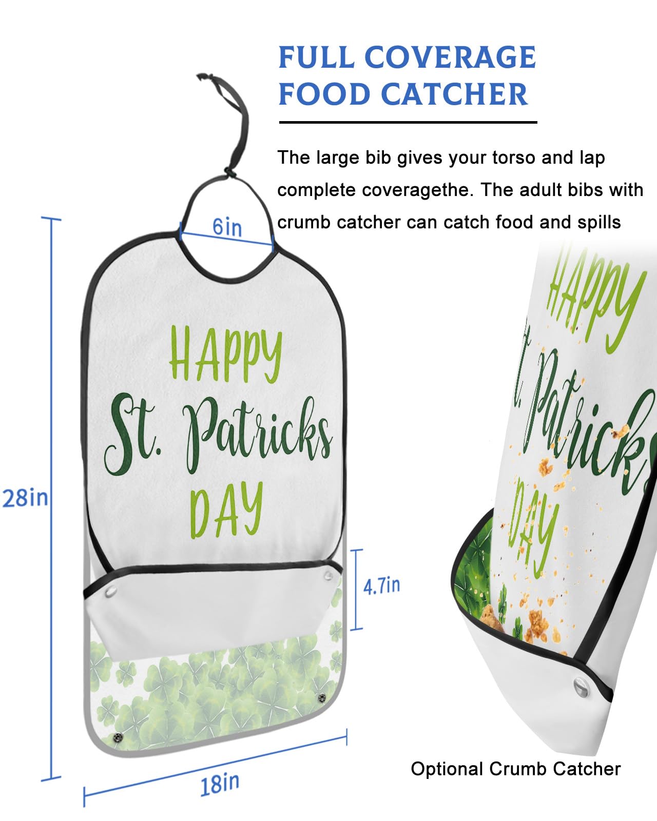 St. Patrick's Day Adult Bibs for Eating, Waterproof Bibs with Food Catcher & Adjustable Snap Closure, Green Lucky Clover Happy Saint Patrick's Day Clothing Protectors Adult Bibs for Elderly Women/Men