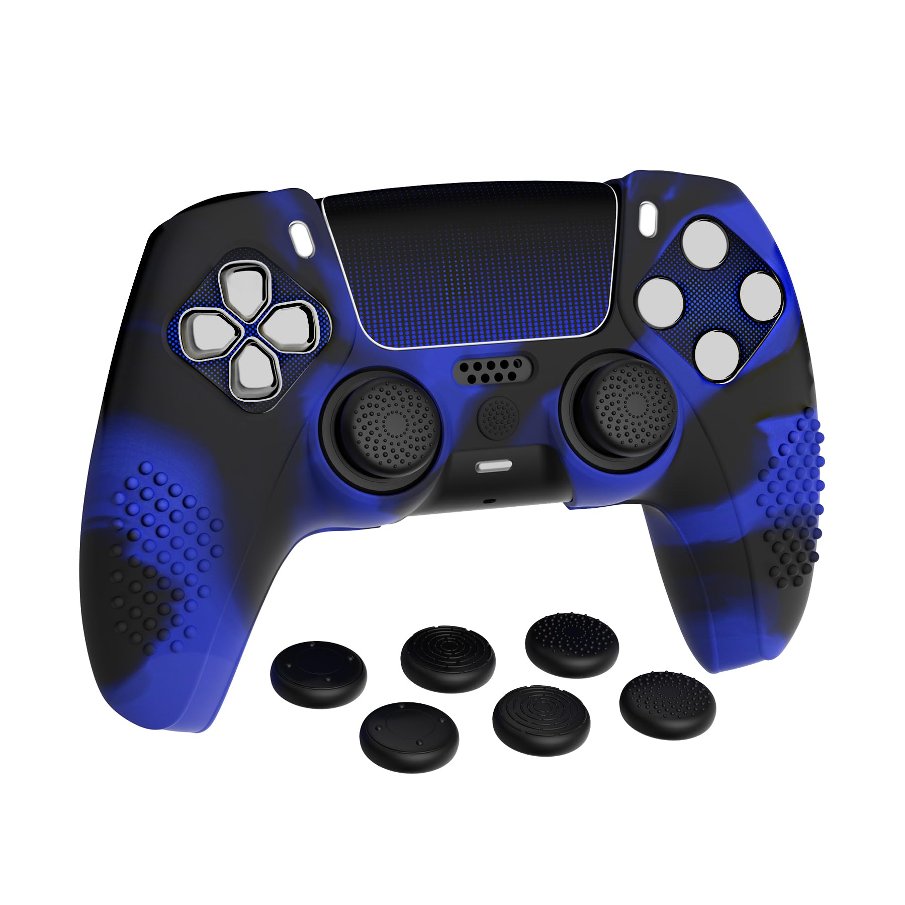 PlayVital Funda de Silicona Actualizada para ps5 Controlador - Cubierta Ergonómica con 6 Tapas de Joysitck & 2 Pegatinas, Protector Compatible con ps5 Base de Carga Oficial (3D Tachonado-Azul Negro)