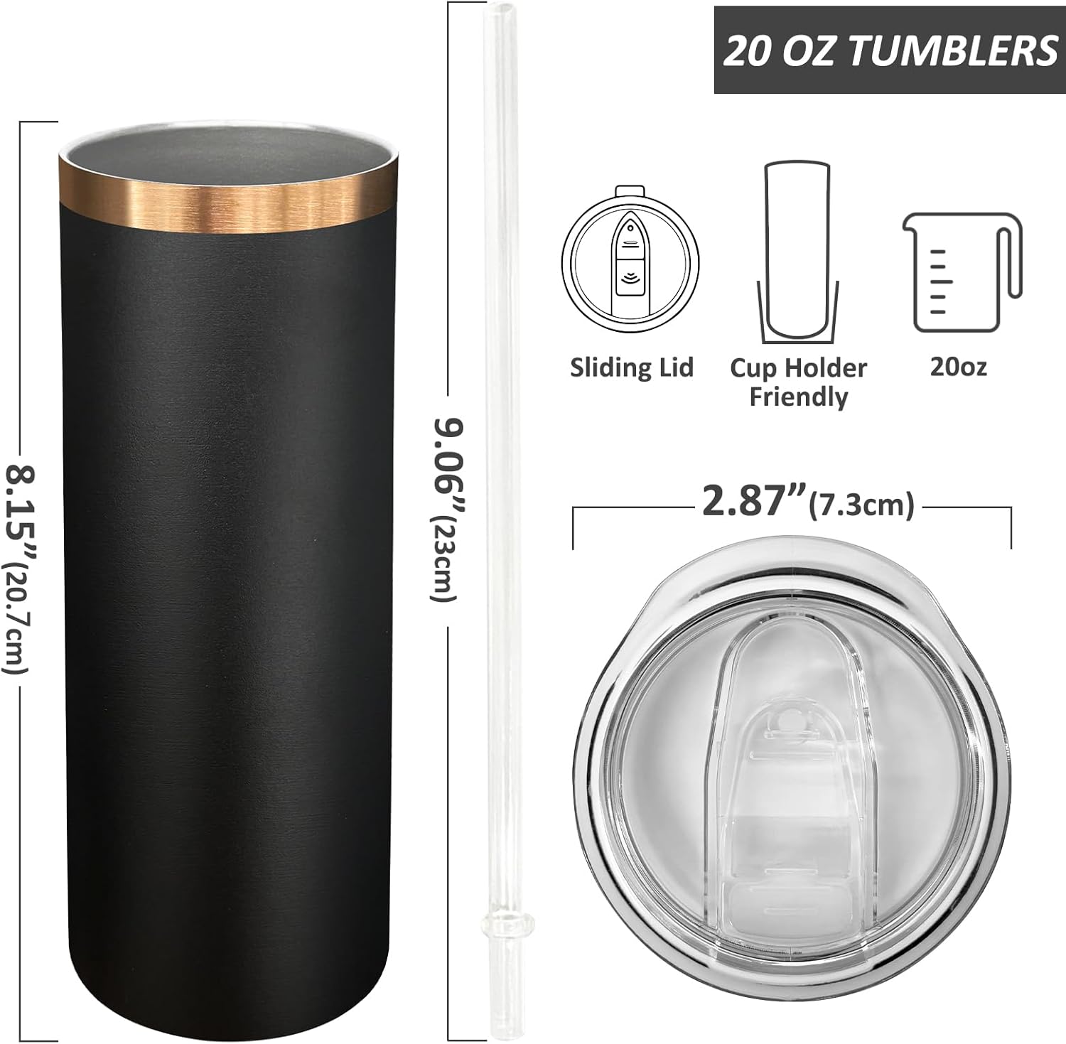 20 oz Skinny Tumblers Bulk 8 Pack, Stainless Steel Insulated Tumbler with Lids and Straws, Slim Double Wall Powder Coated Travel Coffee Mugs Reusable Cup for Hot Cold Drinks (Black,8 pack) - Image 2