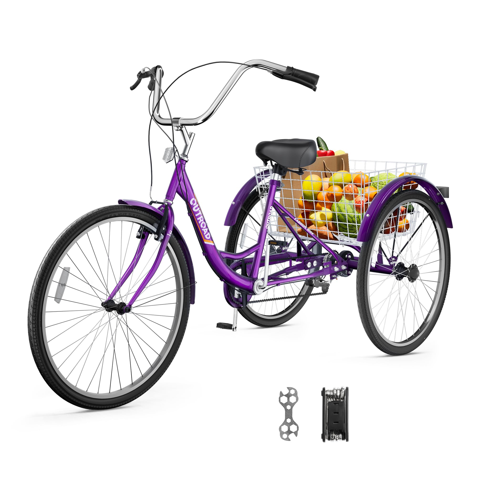 Outroad Adult Tricycle, 24/26 inch 1/7 Speed Cruiser Trike, 3 Wheel Bikes with Large Basket for Seniors, Women, Men, Adult Trikes for Shopping Picnic Outdoor Sports,Red Blue and Purple