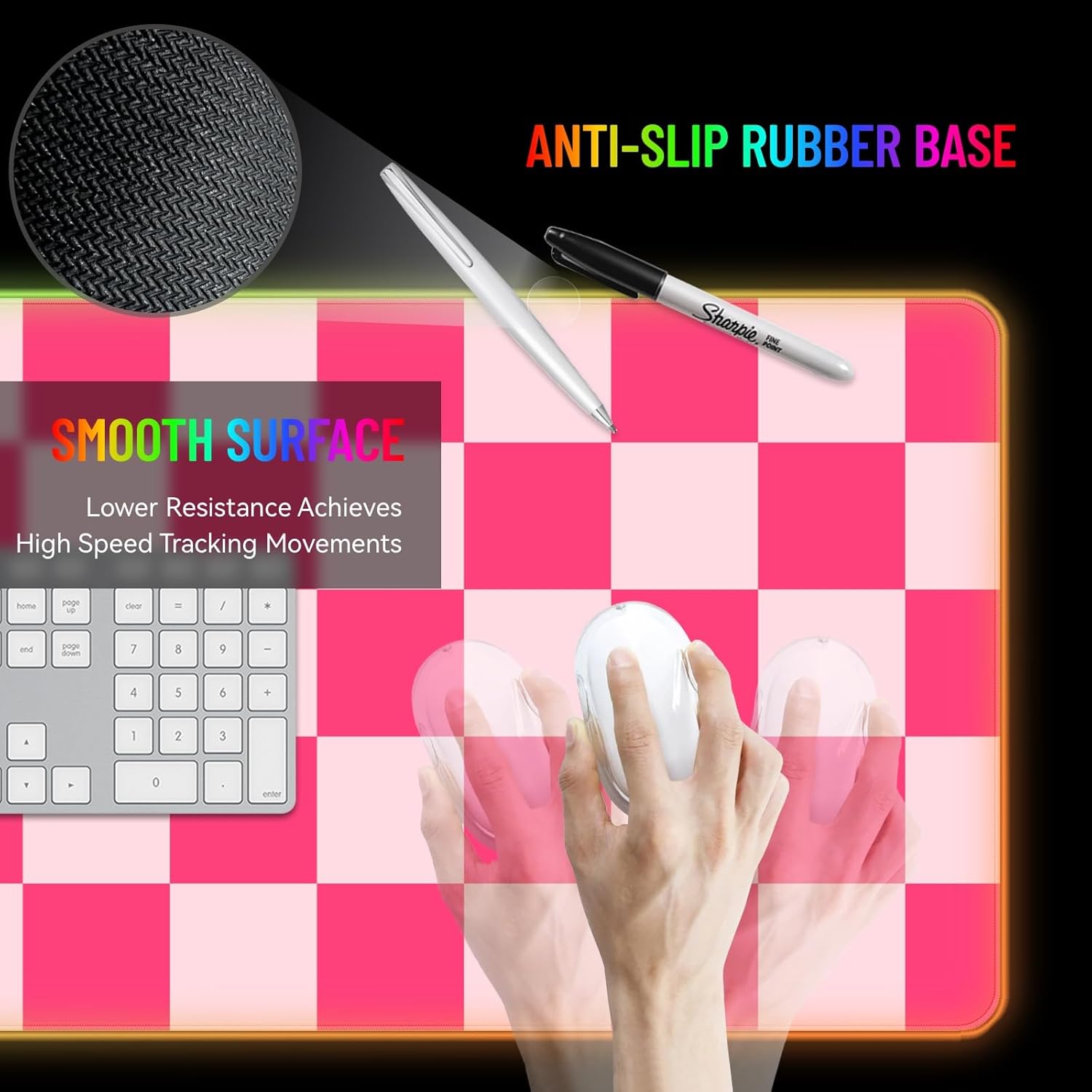 RGB Mousepad LED Desk Mat Gaming Large Keyboard Cute Desktop Computer Laptop 8 Light XXL Long Big Aesthetic Modern Design Unique Women Girls Gamer Oversized Wide 30x12'' Mousepad, Pink Plaid