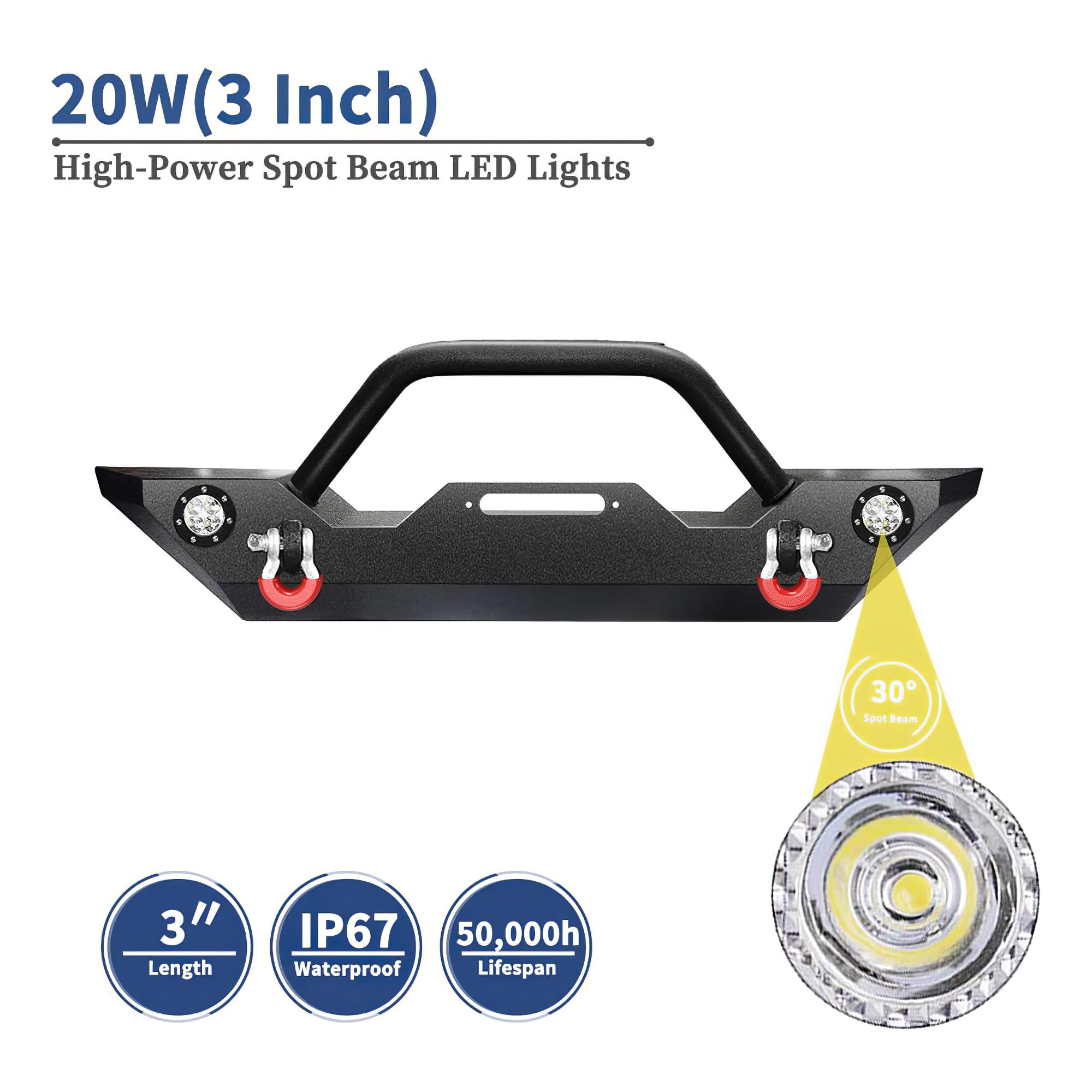 EYOUHZ Front Bumper For Jeep Wrangler TJ YJ LJ 1987-2006 - Winch Plate, LED Lights, D-Rings, Black - View #7