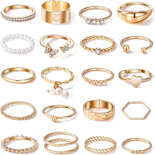 17IF Juego de 21 anillos dorados vintage para nudillos, anillo de dedo de cristal bohemio, anillo estético con perlas brillantes y mariposas, anillo