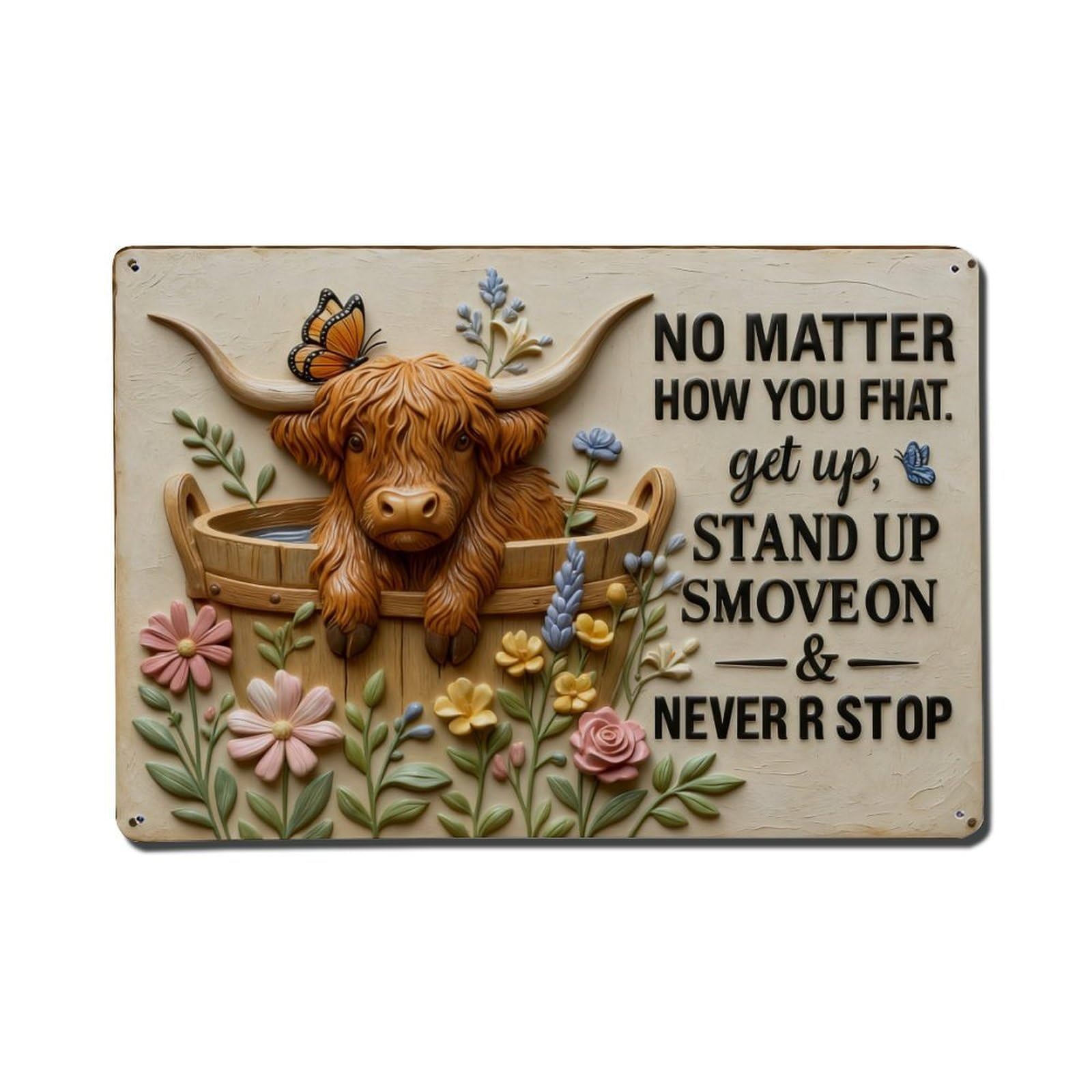 Cute Bull In Tub With Flowers Metal Tin Sign Plaque