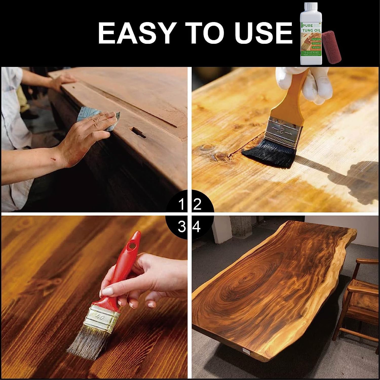 Godora 2pcs 16OZ Waterproof Tung Oil for Wood Finishing with Towel, 100% Natural Pure Tung Oil with Good Penetration for Indoor and Outdoor, for Bare Wood Such as Wood Furniture, Wood Floor