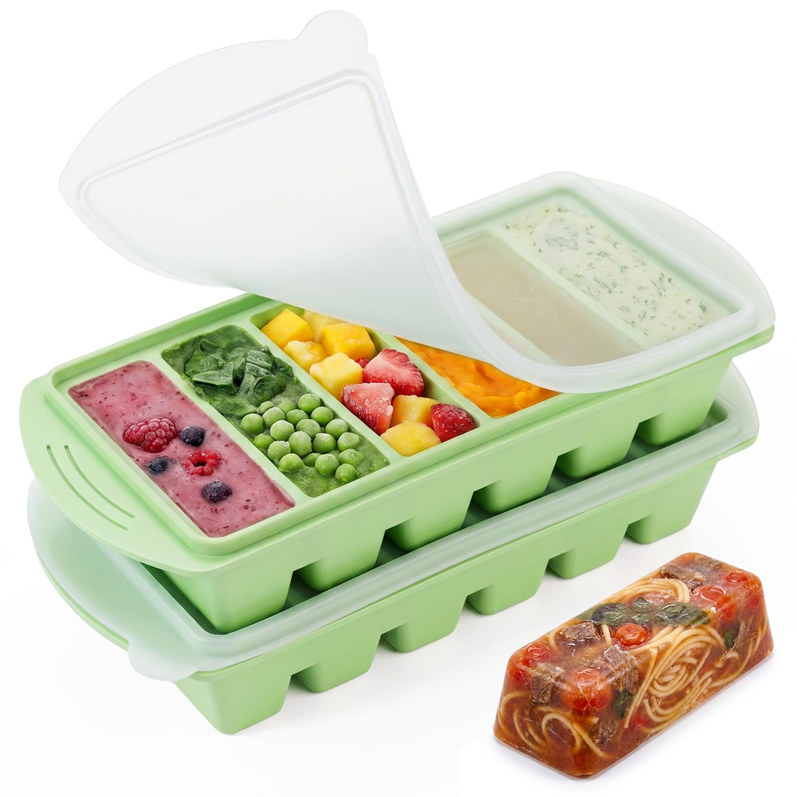 2 Pack Souper Cubes Silicone Freezer Tray, 1/2 Cup/125 mL Silicone Freezer Moulds with Lid, Soup Freezer Containers, Portion Freeze Trays for Storing 125mL/62.5mL Broth Leftovers Sauce, Avocado Green
