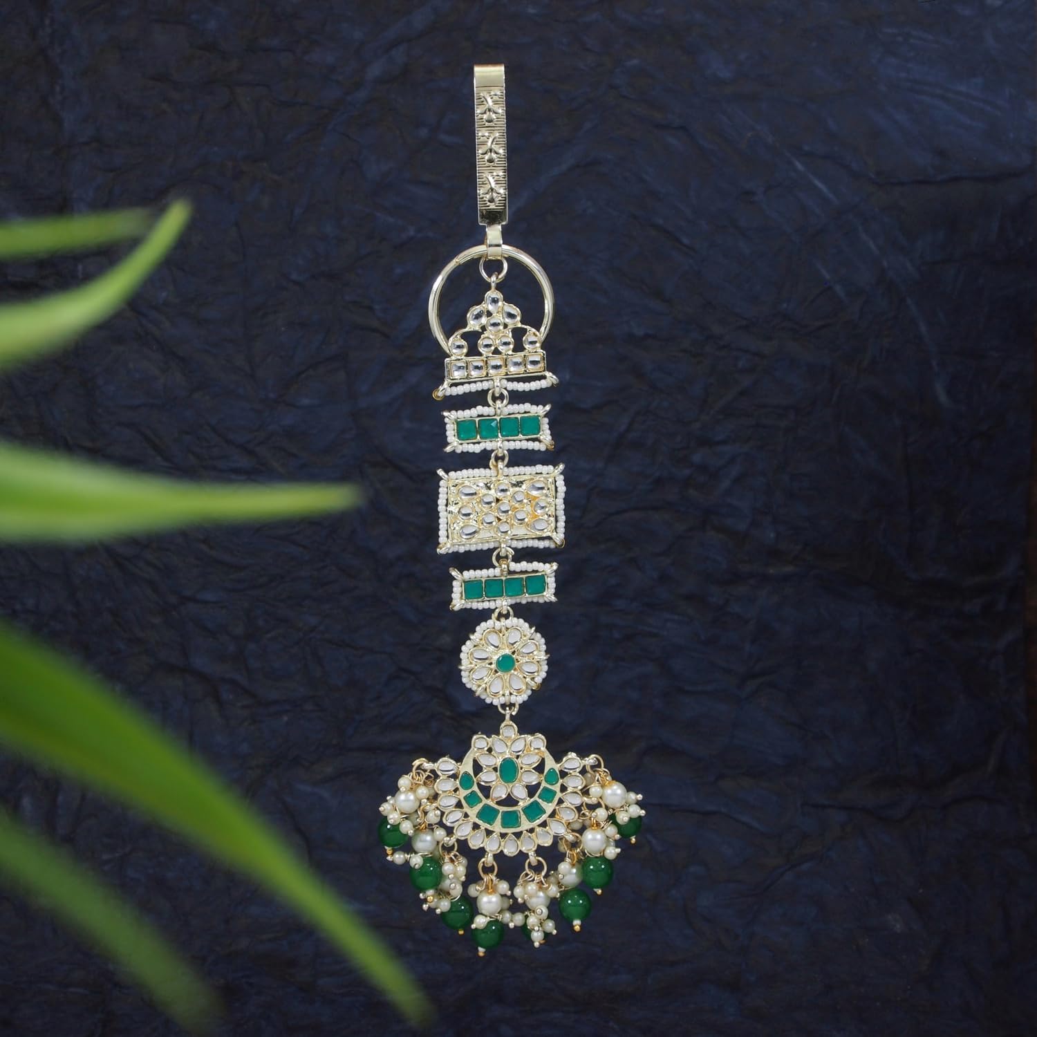 I Jewels Gold Plated Indian Wedding Bollywood Kundan & Pearl Chabi Challa/Challa Waist Key chain For Women (KC04G)