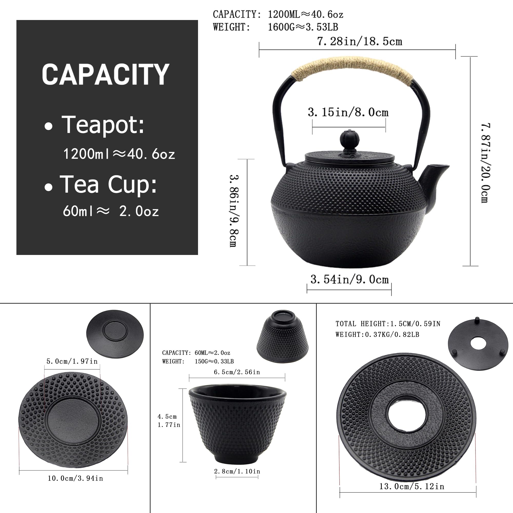 YJX Set di teiera in ghisa da 1200 ml, set da tè giapponese Tetsubin con tazze da tè in ghisa, piccolo bollitore da tè con colino per tè sfuso, interno smaltato (servizio da tè da 1200 ml con tazze e