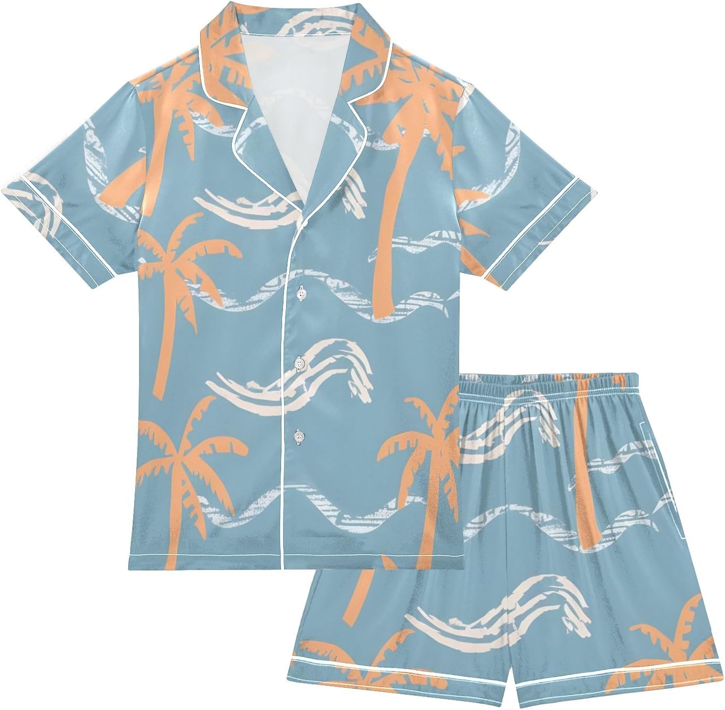 Kids Casual Satin Wear Set Bohemian Style Seaside Palm Trees and Wave Unisex Short Sleeve Clothing for Relaxing