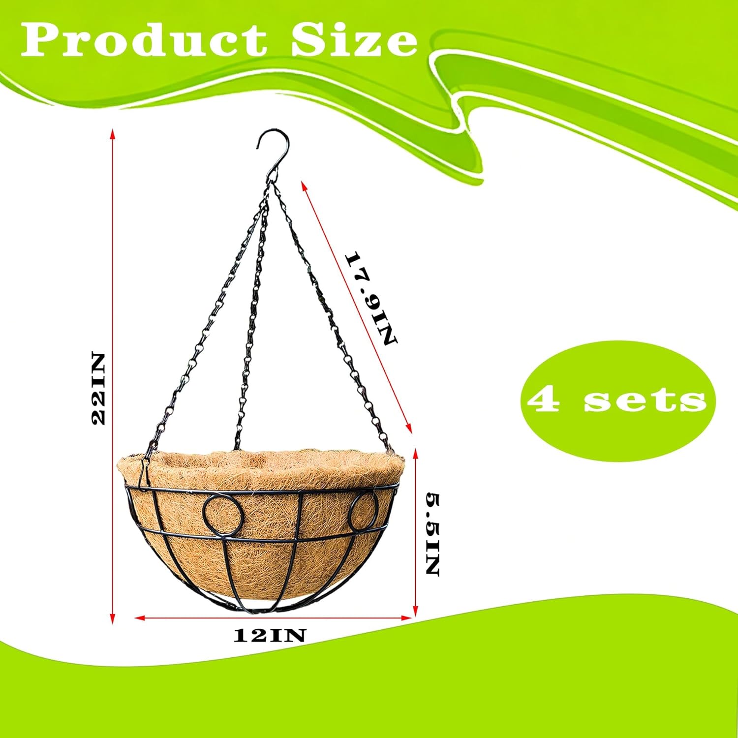 4 Pack 12" Round Metal Hanging Basket for Outdoor Plants Durable Large Hanging Planter with Coco Coir Round Plant Holders Planter for Outside Garden Decoration (Circular)