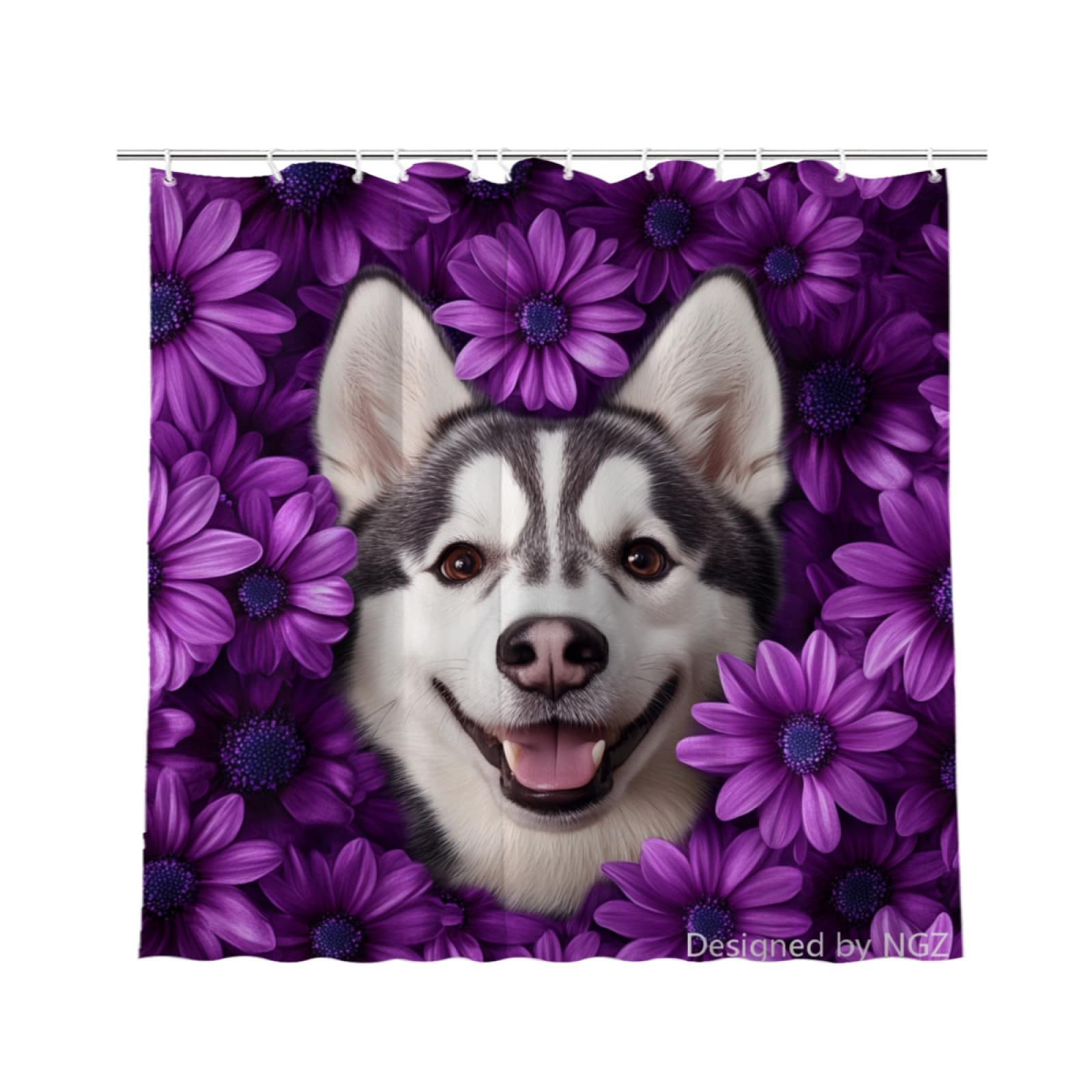 NGZ Spring Summer Shower Curtain, Viloet Shower Curtain, Cute Husky Floral Bath Curtain, 72 x 72 Inch Purple Shower Curtain Set with 12 Hooks for