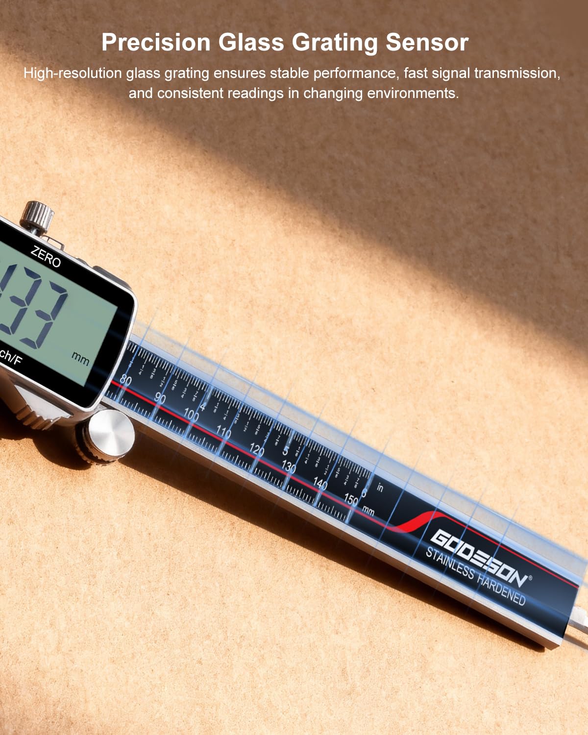 GODESON Calibrador digital, herramienta de medición de calibrador IP54, acero inoxidable y pantalla LCD grande, micrómetro digital recargable, pantalla en pulgadas/métrica/fracciones, calibradores