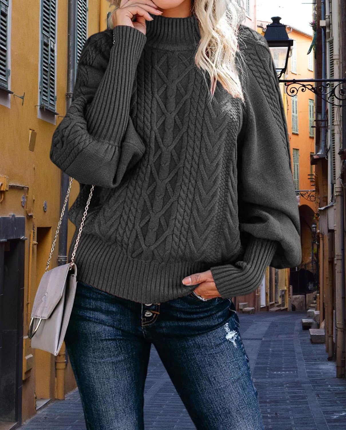 Women's Chunky Cable Knit Turtleneck Sweater Winter Pullover with Puff Sleeves Solid Color Loose Fit Top - Image 3