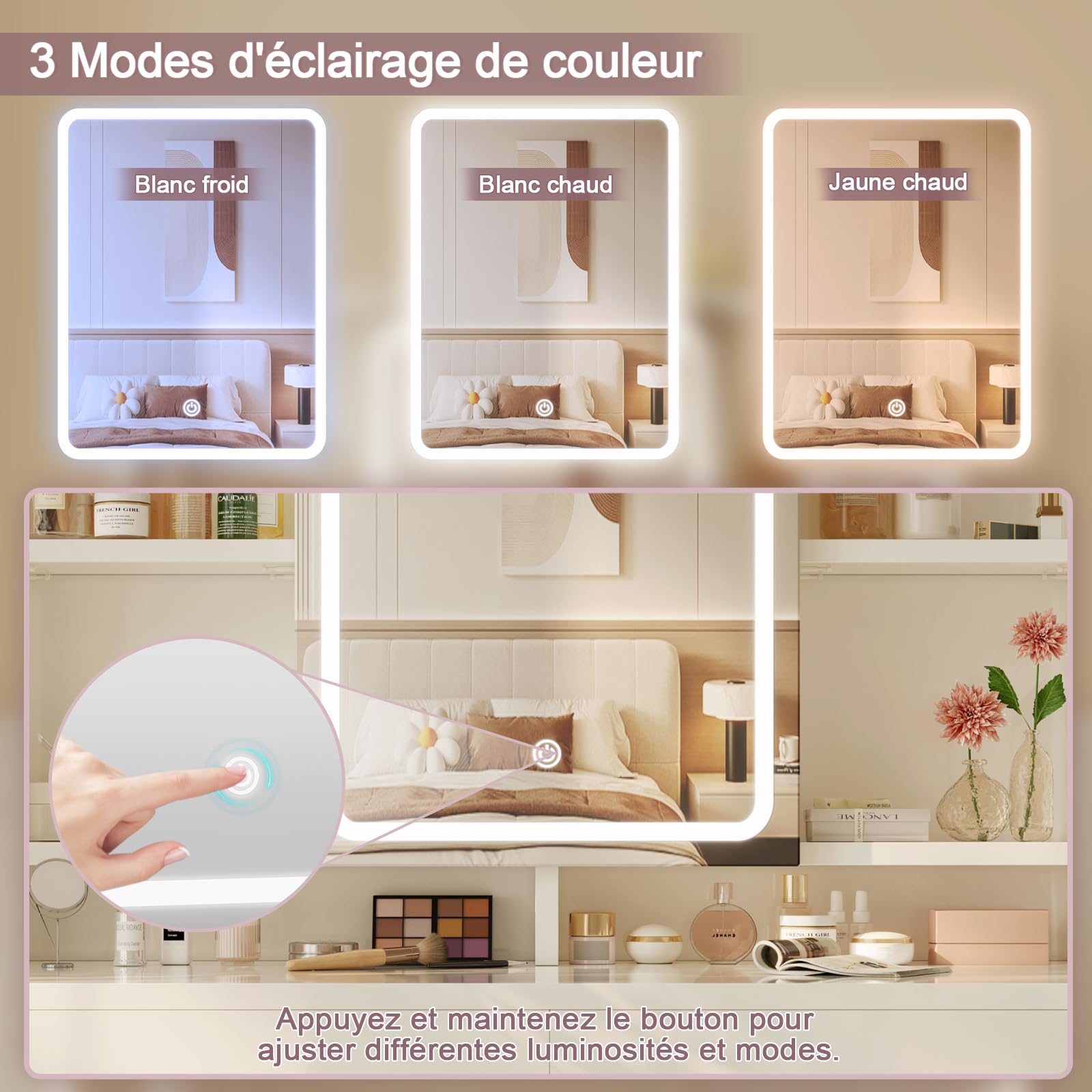 Devoko Coiffeuse avec Miroir LED, 3 Couleurs avec Luminosité Réglable, Table de Maquillage de Rangement, 2 Tiroirs et Étagères Réglables, Espace pour Bijoux, Style Moderne (Blanc)