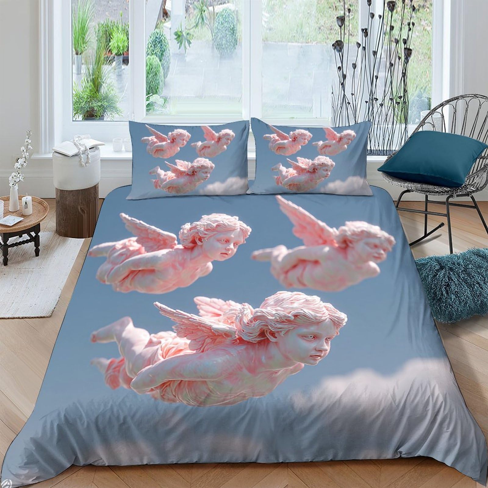 3D Printed Cherub Duvet Cover, Microfiber Comforter Cover Hidden Zipper