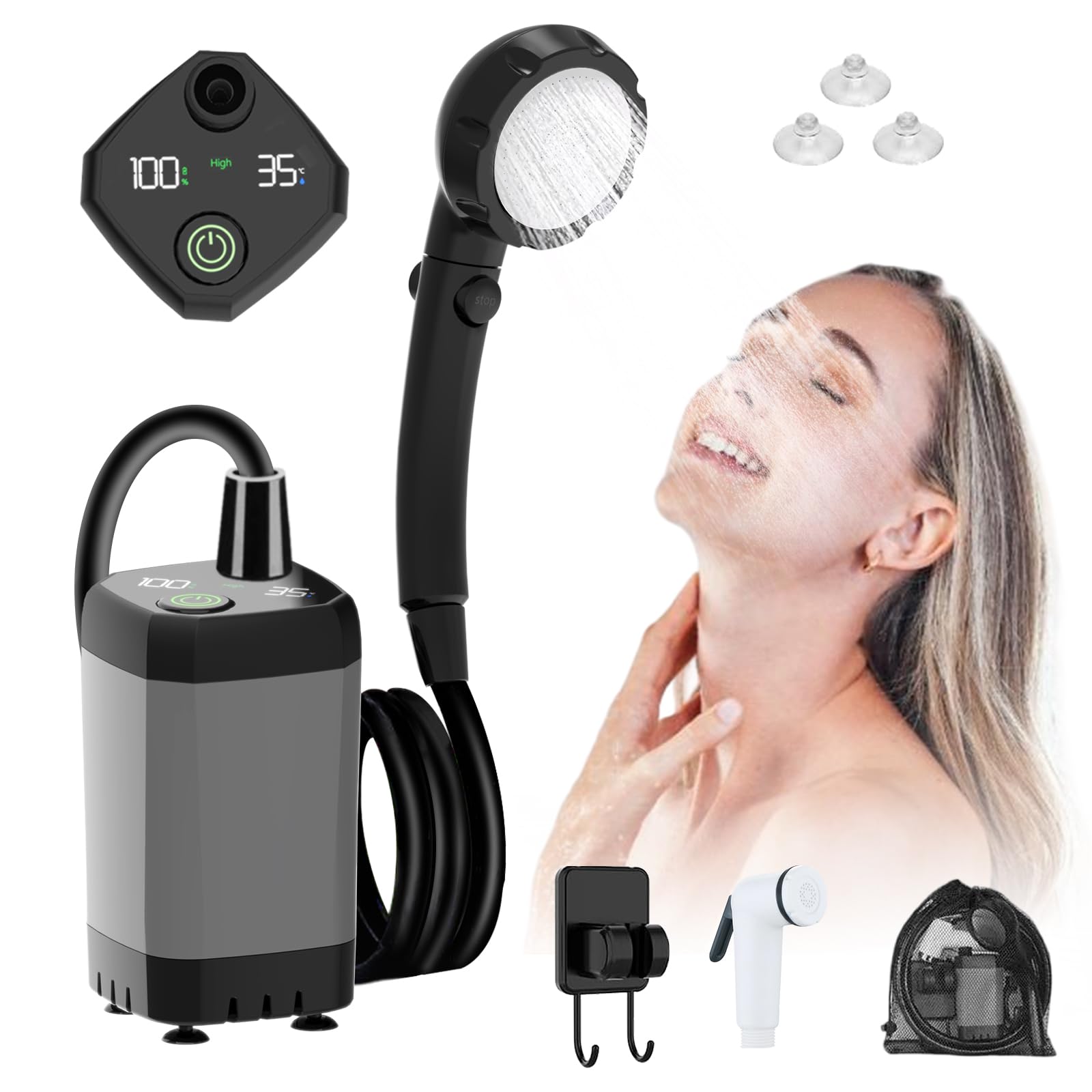 Tragbare Campingdusche, Camping Dusche Pumpe mit Wiederaufladbarem 6000mAh Akku und Temperaturanzeige,Multifunktionale Duschkopf und 2M Schlauch,20L Klappbarer Eimer, für Camping Reisen Wandern Garten