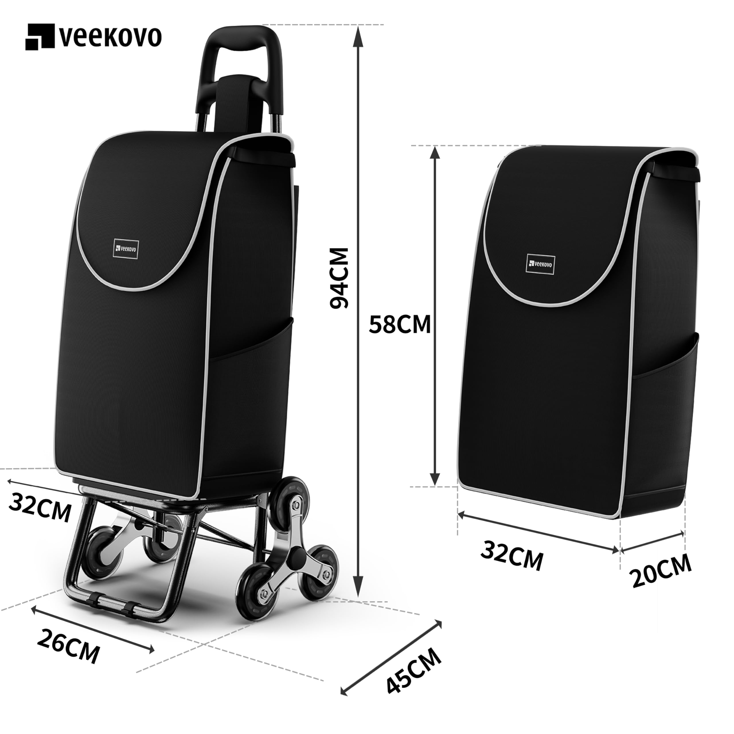 Einkaufswagen Klappbar 56L,Einkaufstrolley Treppensteiger,Trolly Einkaufswagen Klappbar, Hackenporsche mit 6 Räder,Wasserdicht,Bis 50 kg Traglast,faltbar & abnehmbar. (Schwarz, 1 Stück)