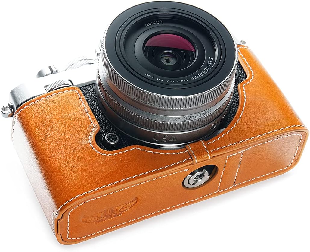 Z fc Zfc Camera Case, BolinUS Handmade Genuine Real Leather Half Camera Case Bag Cover for Nikon Z fc Zfc Camera Bottom Opening Version + Hand Strap (Yellow)