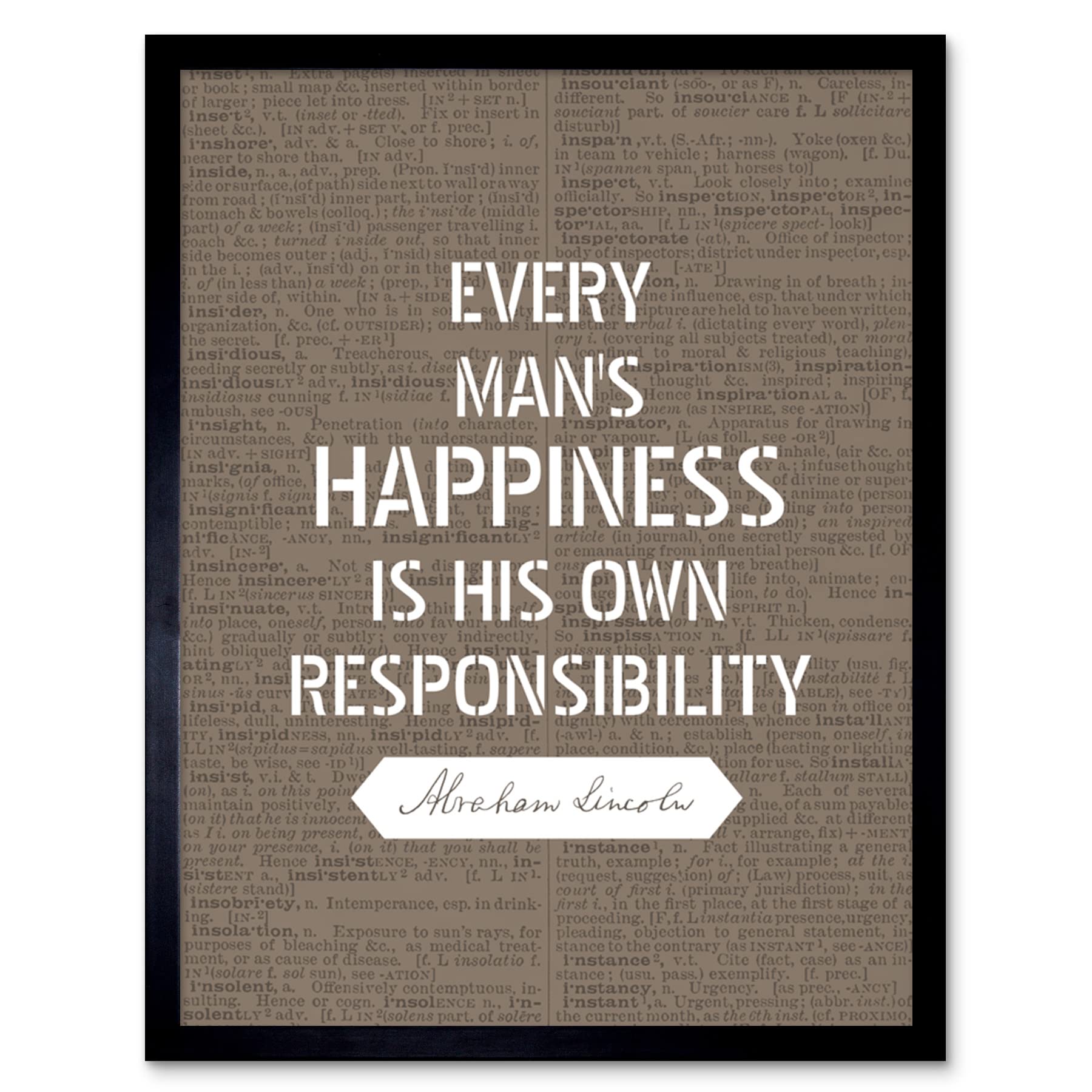 Artery8 Dictionary Page Quote Abraham Lincoln Happiness Responsibility Artwork Framed Wall Art Print 9X7 Inch