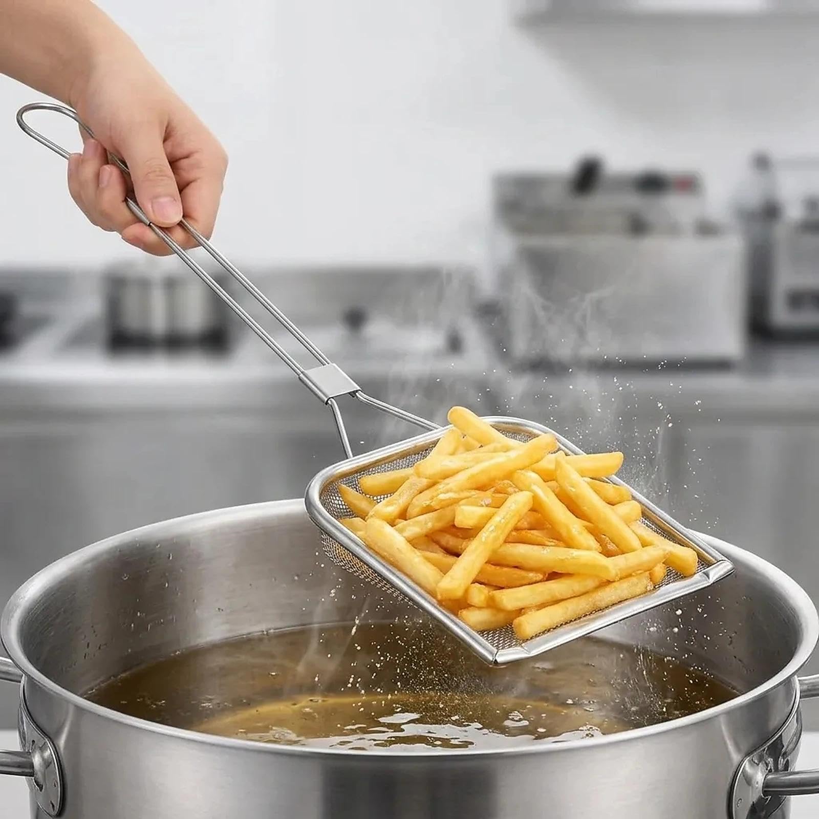 Łopatka do wiórów ze stali nierdzewnej 304 i łyżka do odpieniacza, ociekacz do oleju z długim uchwytem, precyzyjne sitko do żywności do smażenia, pieczenia i grillowania