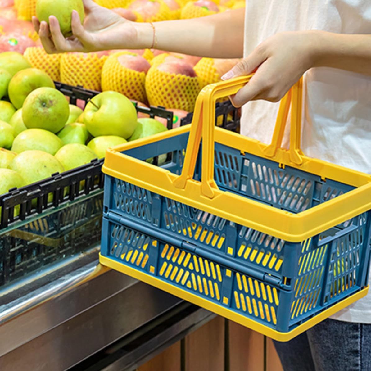 POPETPOP Foldable Plastic Folding Shopping Basket with Handle, Easy to Carry and Environmentally Friendly, for Home Storage of Fruits and Snacks, Lightweight Foldable Basket for Indoor Use