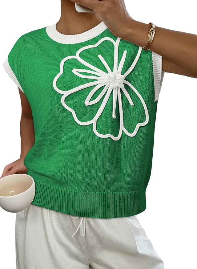 Dokotoo Womens Floral Sweater Crew Neck 2026 Short Sleeve Loose Fit Knit Pullover Tops